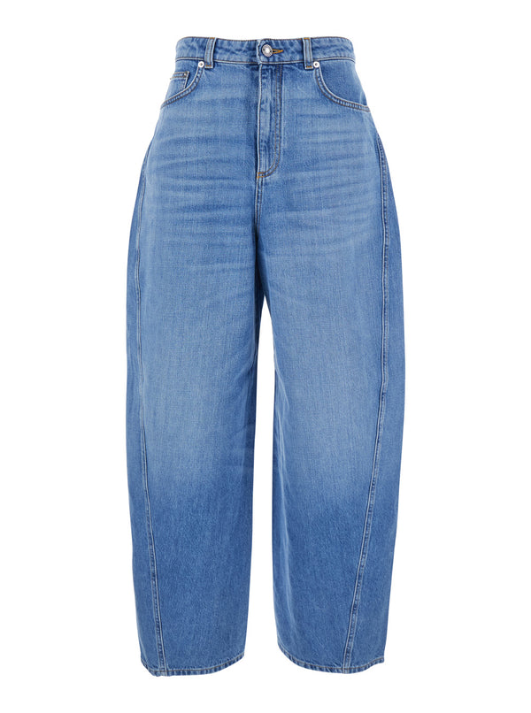 Blue Denim Wide Leg Jeans With Logo Patch Cotton
