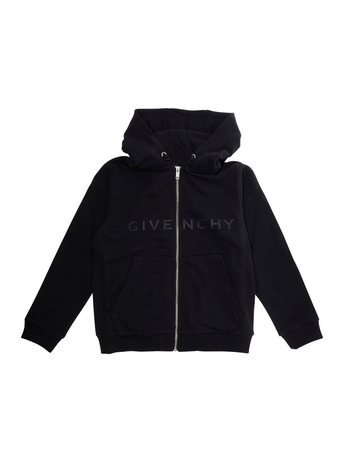Black Cardigan With Fixed Hood And Logo Lettering Cotton Boy Jersey