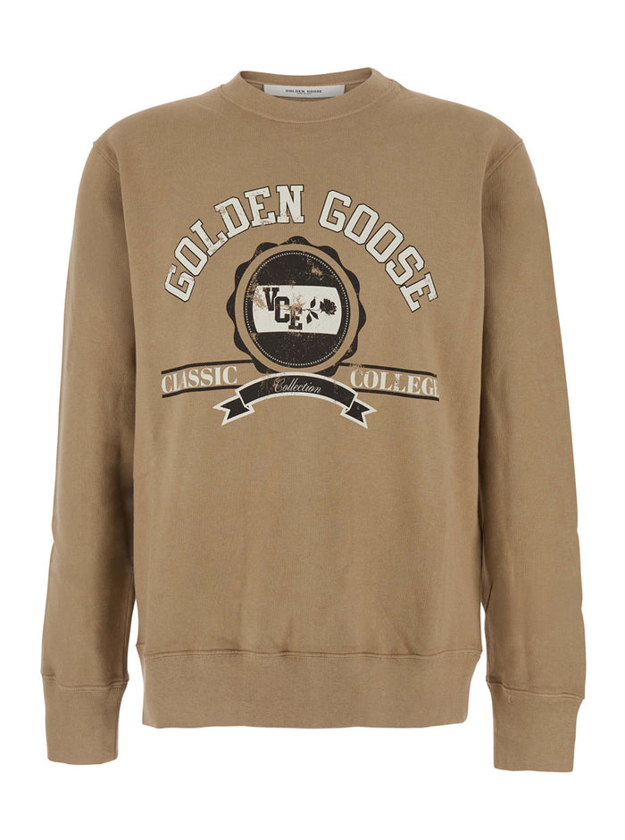 Beige Crewneck Sweatshirt with Maxi Print on the Front in Cotton Man Sweatshirts