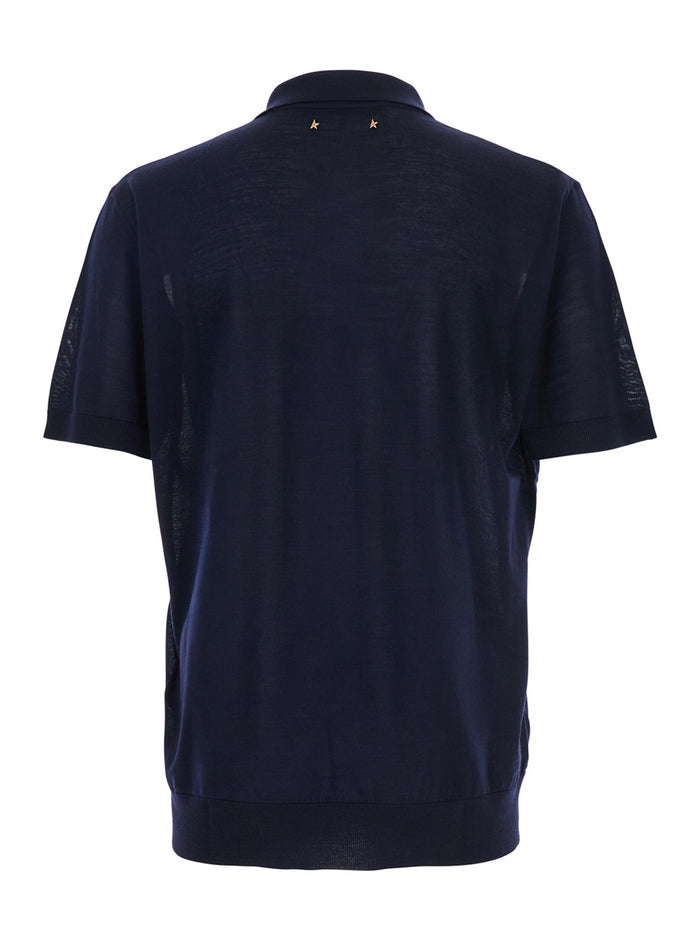 Blue Polo Shirt with Classic Collar and Short Sleeves in Wool Man Blu Virgin Tshirts