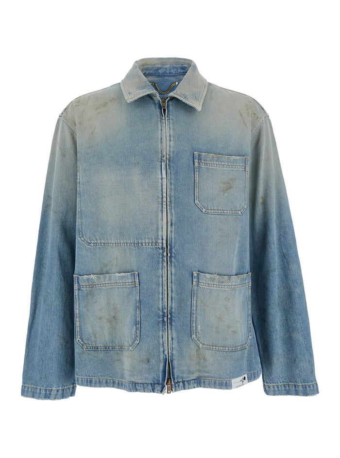 Light Blue Jacket with Classic Collar and Logo Patch on the Rear in Denim Man Cotton Outerwear