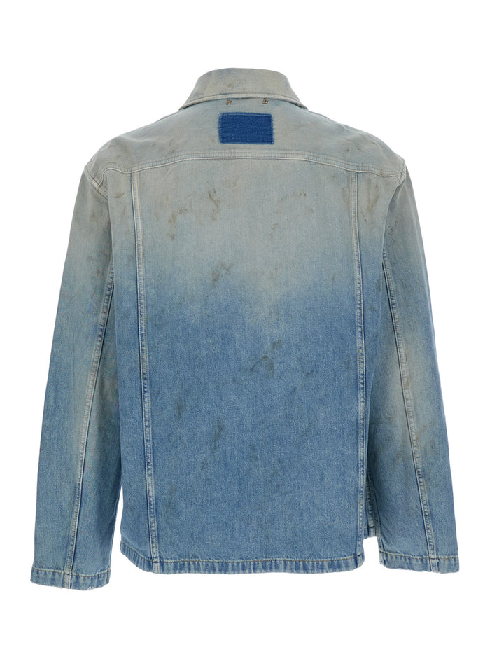 Light Blue Jacket with Classic Collar and Logo Patch on the Rear in Denim Man Cotton Outerwear