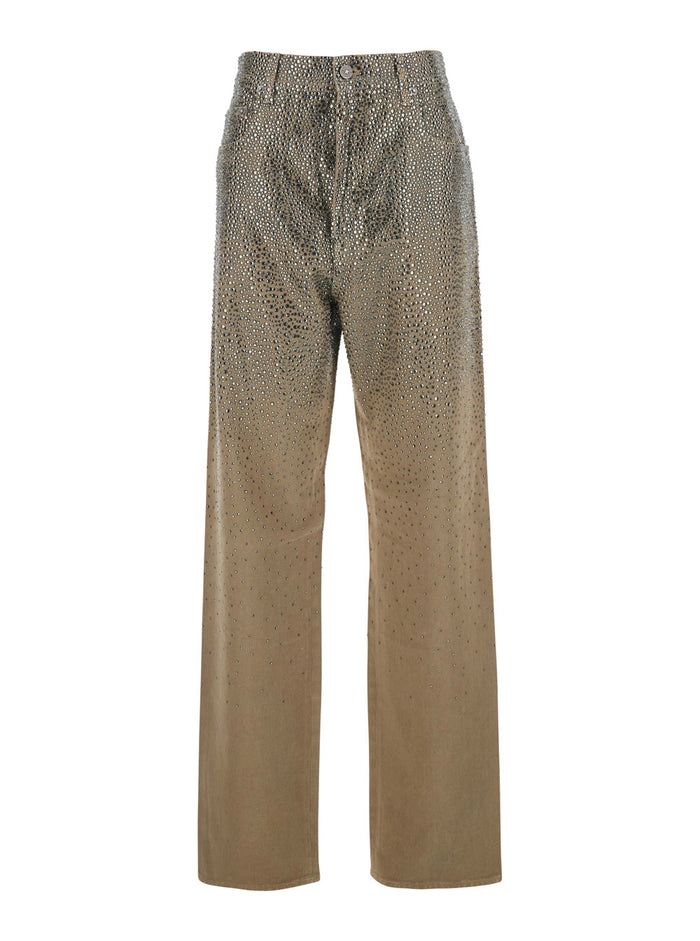 Beige Pants with Faded Crystal Embellishment and Belt Loops in Cotton Blend Woman Polyester Other Fiber Trousers