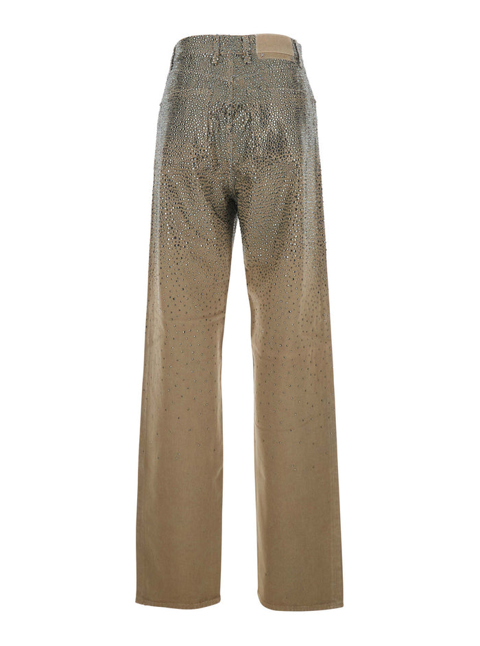 Beige Pants with Faded Crystal Embellishment and Belt Loops in Cotton Blend Woman Polyester Other Fiber Trousers
