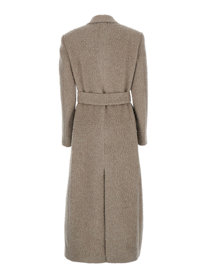 Beige Double-Breasted Coat with Classic Lapels and Belt in Wool Mohair Blend Woman Virgin Polyamide Outerwear