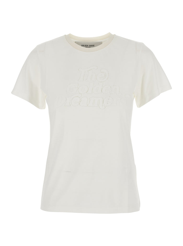 White Crew Neck T-Shirt with Embroidery on Front in Fabric Woman Viscose Polyamide Tshirts And Polo Shirts