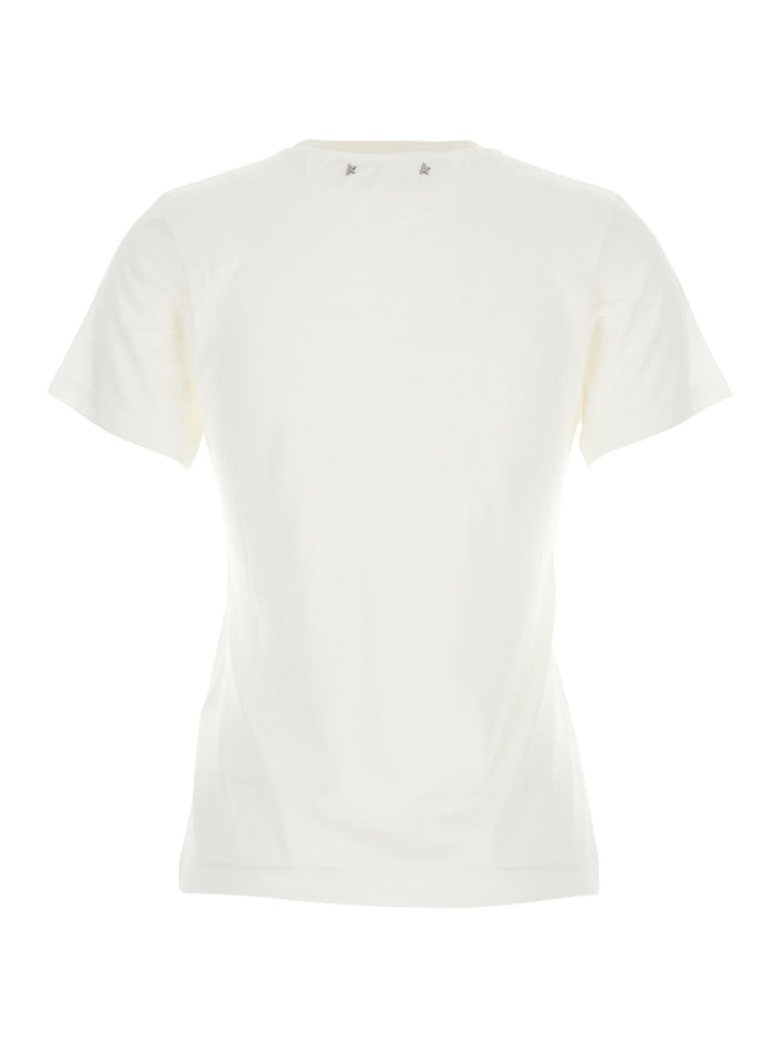 White Crew Neck T-Shirt with Embroidery on Front in Fabric Woman Viscose Polyamide Tshirts And Polo Shirts