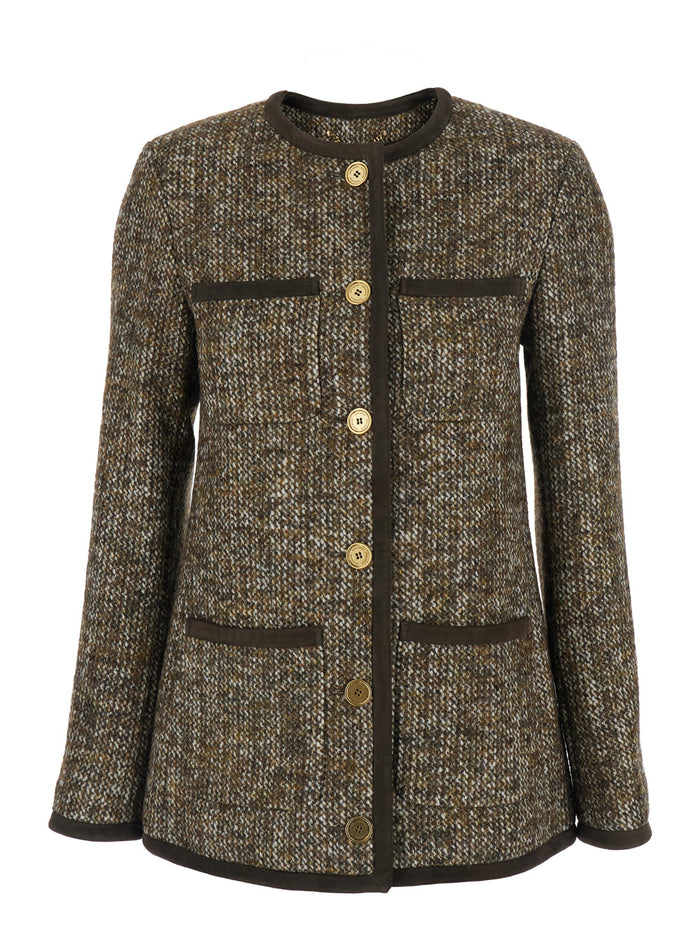 Brown Crew Neck Jacket with Front Patch Pockets in Wool Blend Woman Blazers
