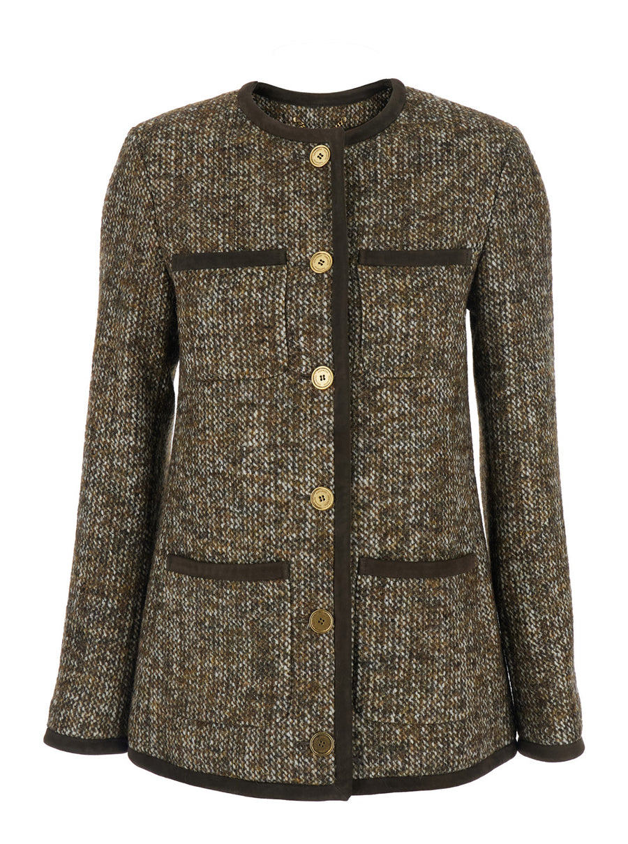 Brown Crew Neck Wool Blend Jacket Virgin Blazers