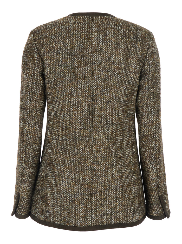 Brown Crew Neck Jacket with Front Patch Pockets in Wool Blend Woman Blazers