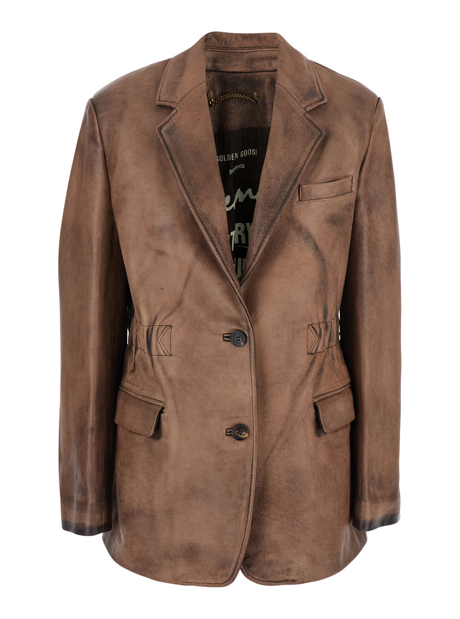 Brown Single-Breasted Leather Jacket Cow Blazers