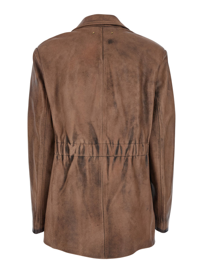 Brown Single-Breasted Jacket with Classic Lapels in Leather Woman Cow Blazers
