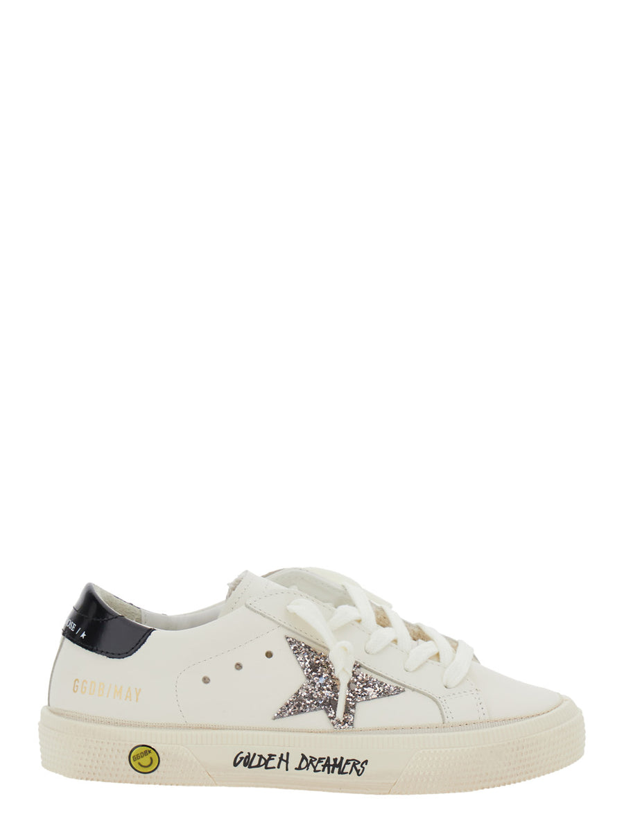 White Low Top Sneakers With Glittered Star Patch Cow Trainers