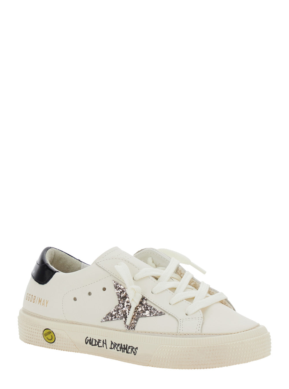 May White Low Top Sneakers with Glittered Star Patch and Contrasting Heel Logo Lettering in Leather Girl Cow
