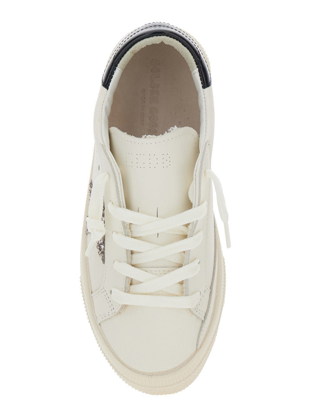 May White Low Top Sneakers with Glittered Star Patch and Contrasting Heel Logo Lettering in Leather Girl Cow