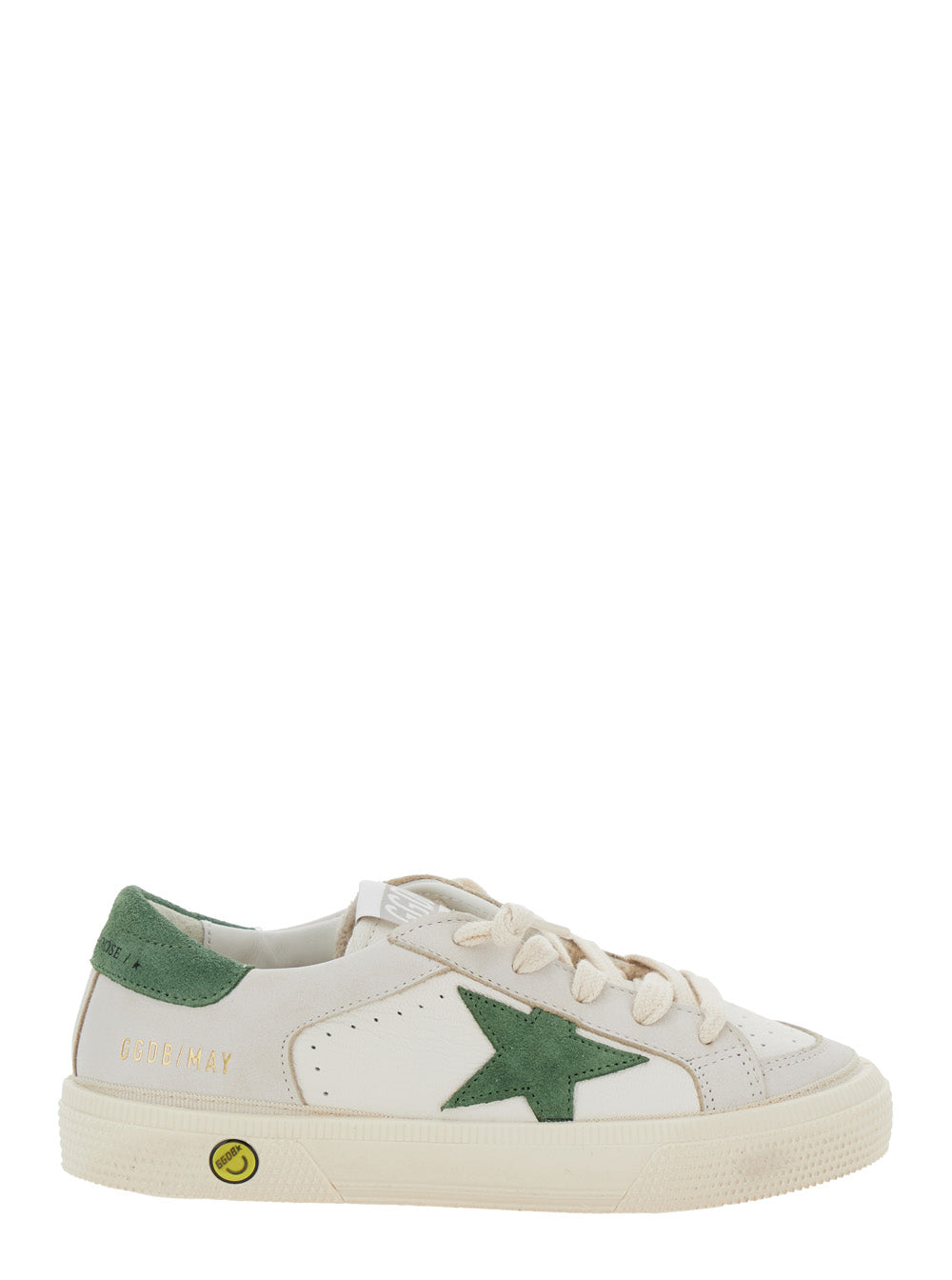 May White Low Top Sneakers with Star Patch on the Side and Contrasting Heel Logo Lettering in Leather Boy Goat Cow