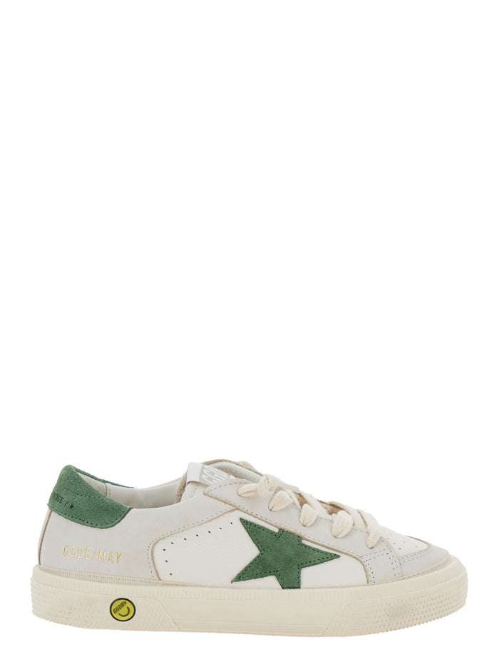 May White Low Top Sneakers with Star Patch on the Side and Contrasting Heel Logo Lettering in Leather Boy Goat Cow