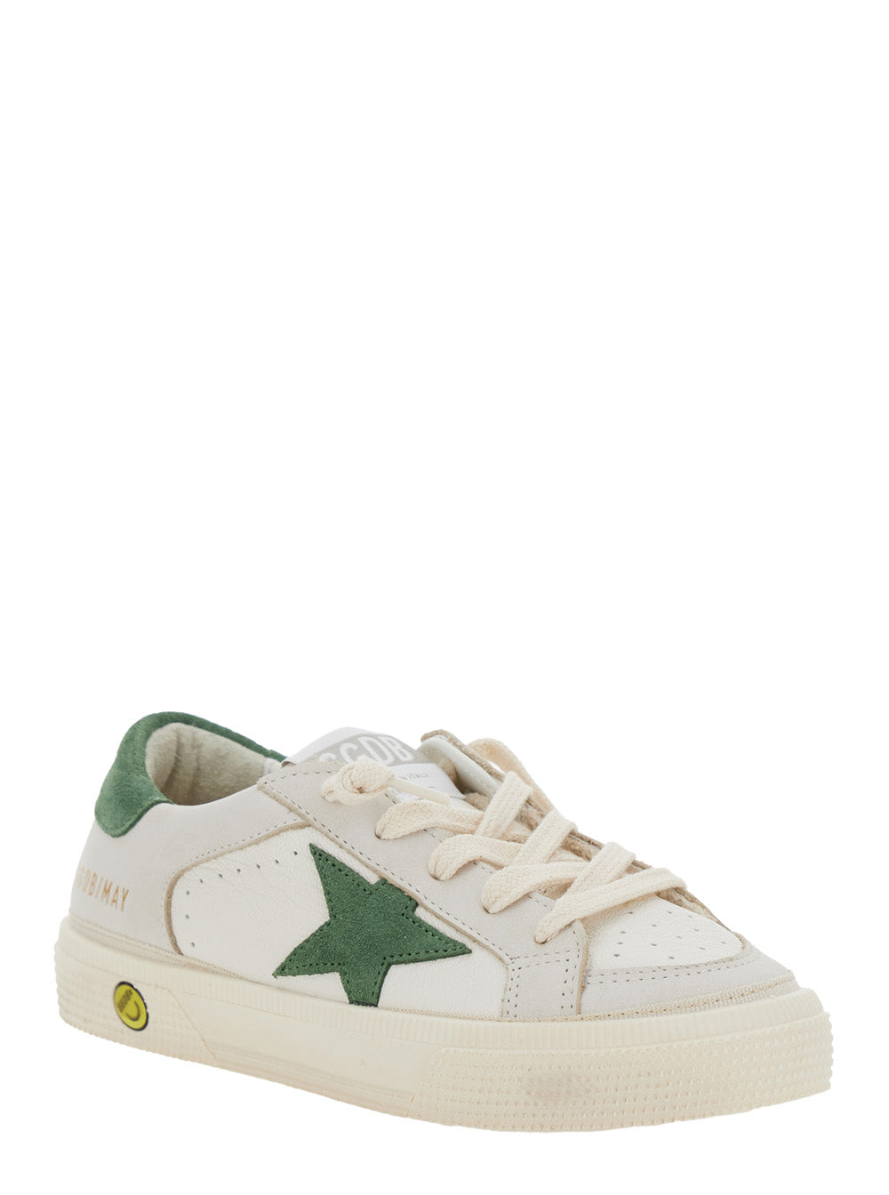 May White Low Top Sneakers with Star Patch on the Side and Contrasting Heel Logo Lettering in Leather Boy Goat Cow