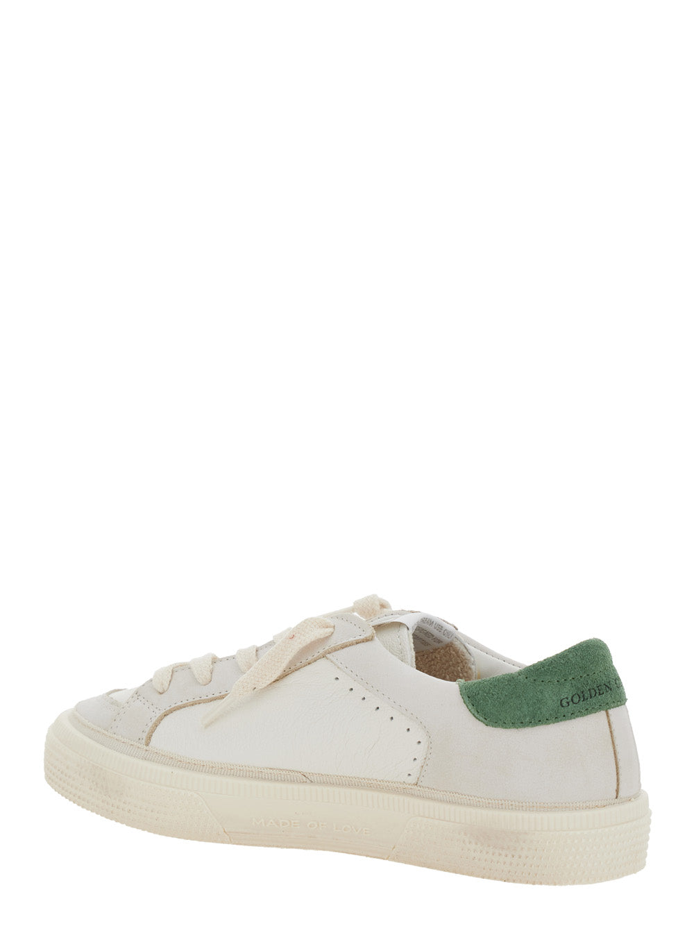 May White Low Top Sneakers with Star Patch on the Side and Contrasting Heel Logo Lettering in Leather Boy Goat Cow