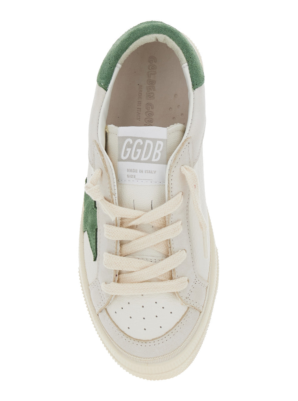 May White Low Top Sneakers with Star Patch on the Side and Contrasting Heel Logo Lettering in Leather Boy Goat Cow