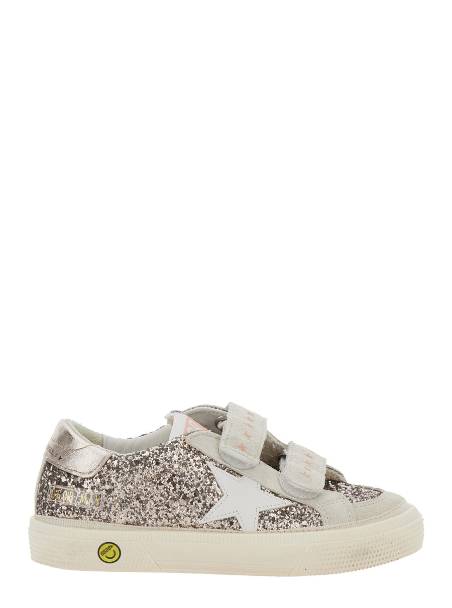 Grey Glittered Low Top Sneakers With Star Patch Polyethylene Terephthalate Trainers