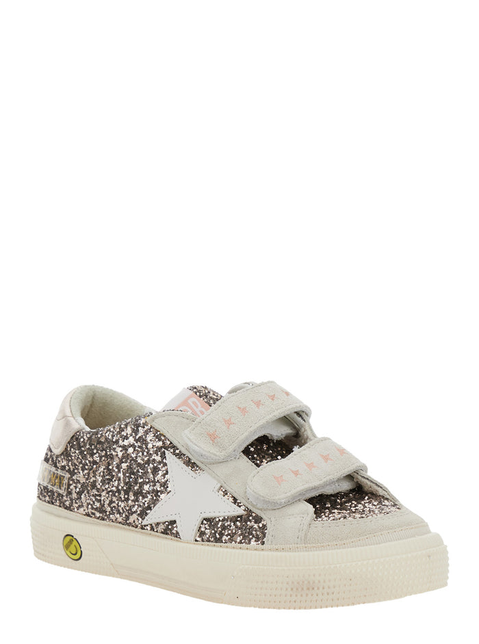 May School Grey Glittered Low Top Sneakers With Star Patch On The Side Leather Blend Girl
