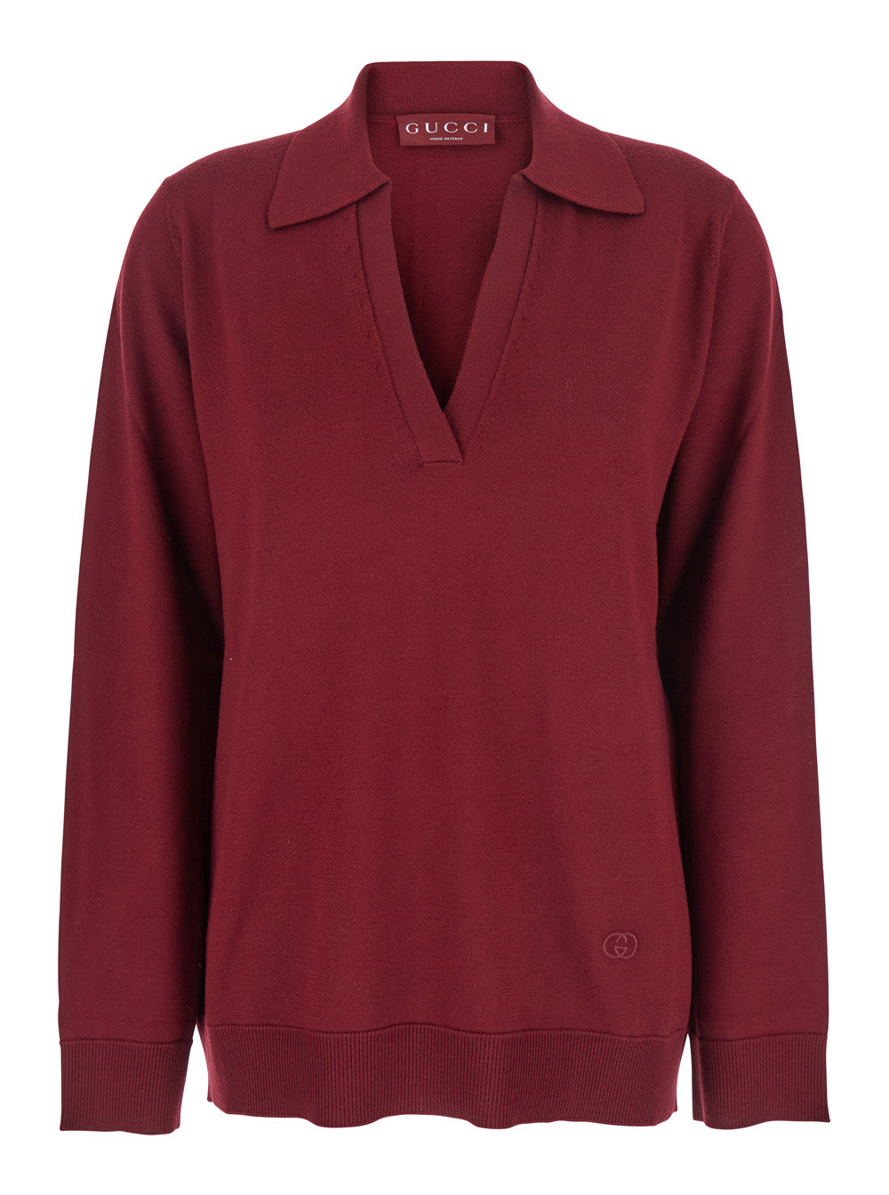 Bordeaux Polo Collar Sweater with GG Logo on the Front in Wool Woman Jersey