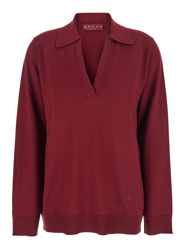 Bordeaux Polo Collar Sweater With Gg Logo Wool