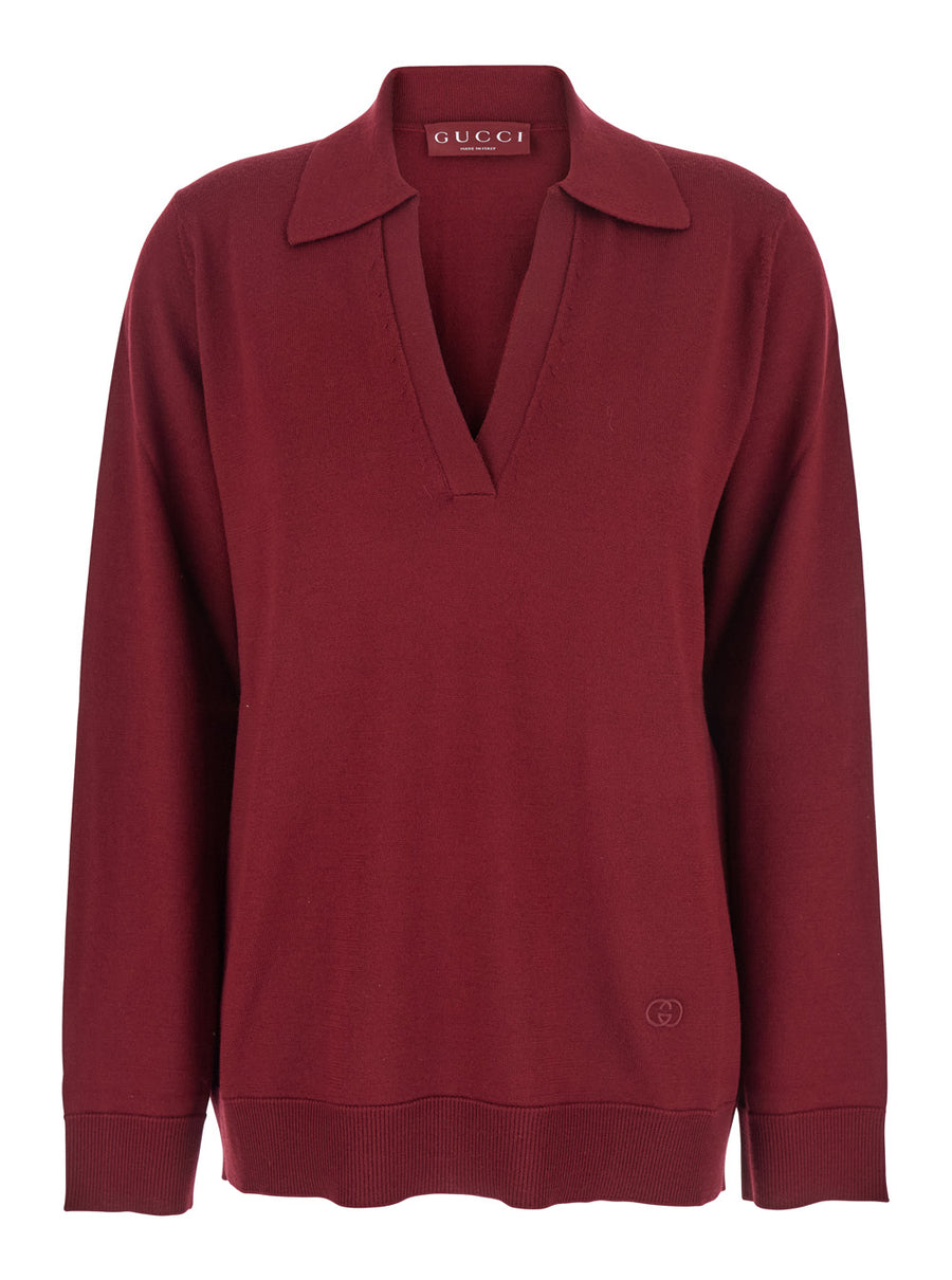 Bordeaux Polo Collar Sweater With Gg Logo Wool