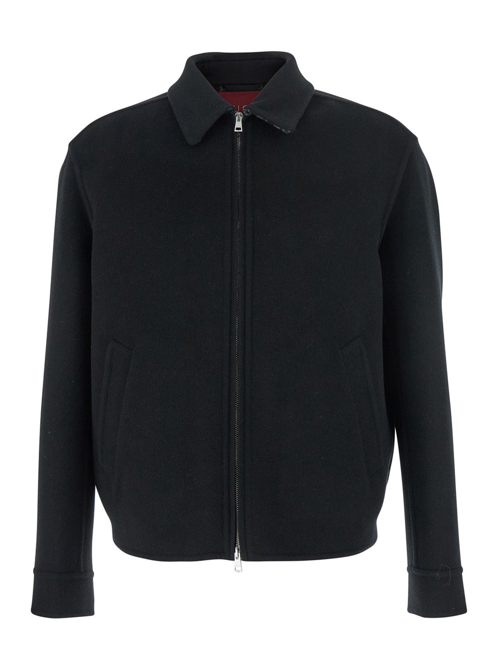 Black Jacket With Classic Collar And Front Zip Closure Wool Man
