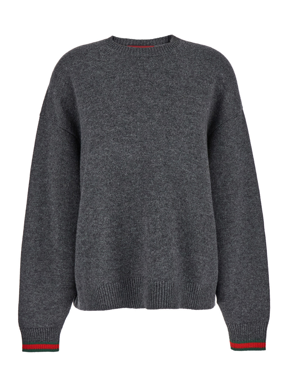 Grey Crewneck Sweater with Web Detail on the Cuffs in Wool and Cashmere Blend Woman Fabric Jersey