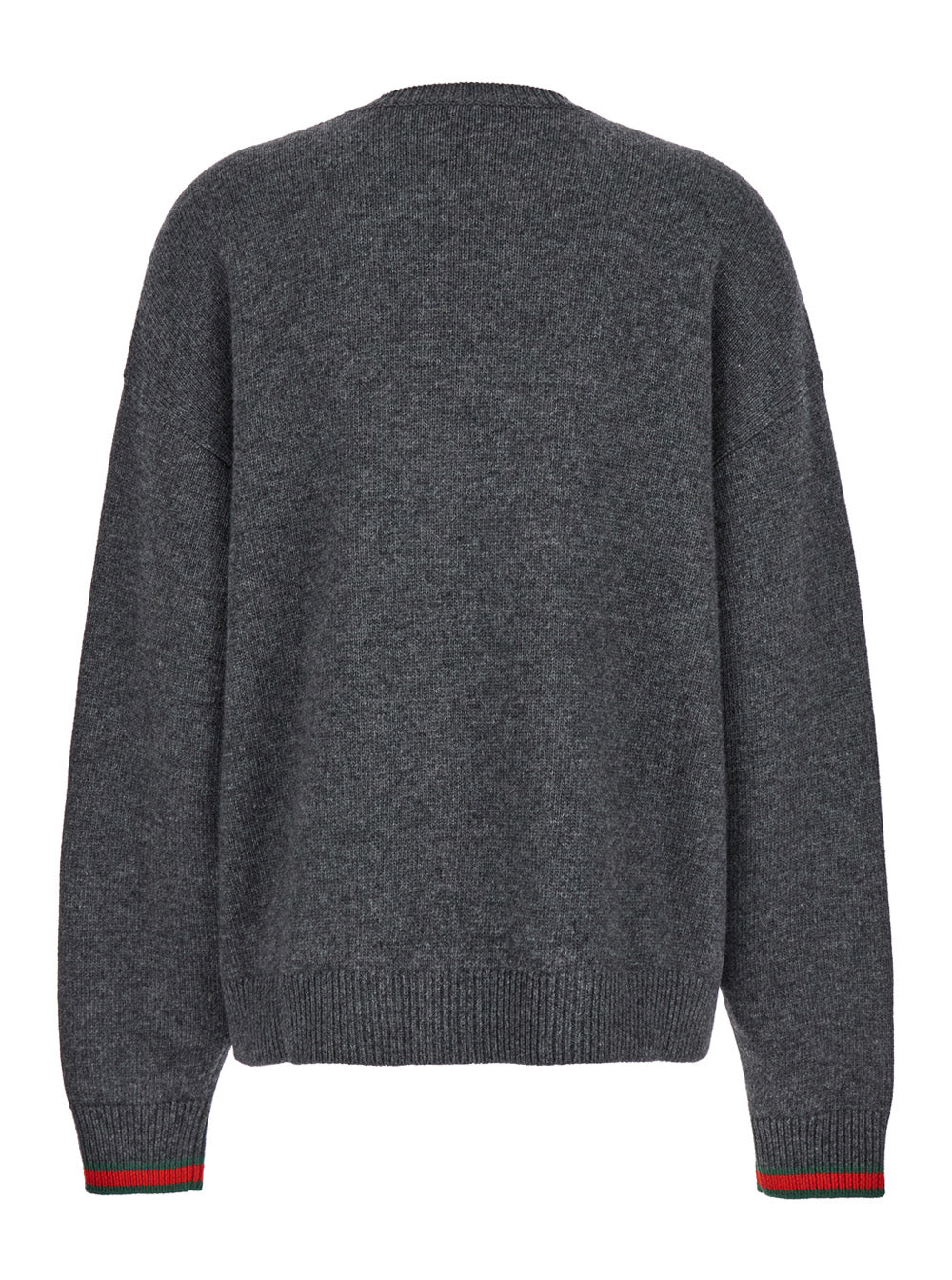 Grey Crewneck Sweater with Web Detail on the Cuffs in Wool and Cashmere Blend Woman Fabric Jersey