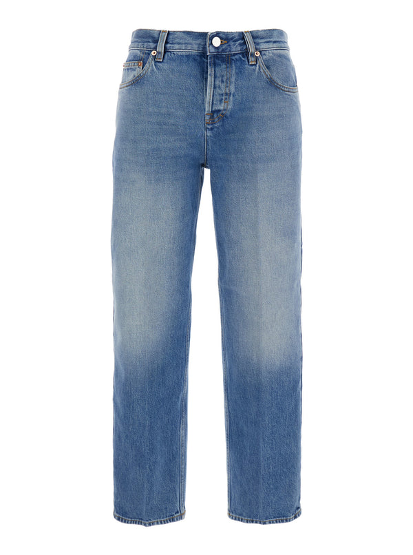 Blue Jeans With Logo Patch And Faded Effect Fabric