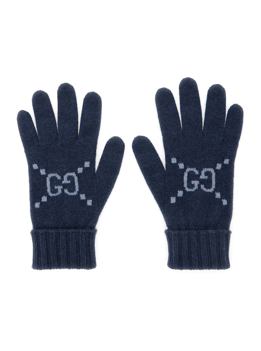 Blue Cashmere Gloves With Gg Logo Hat