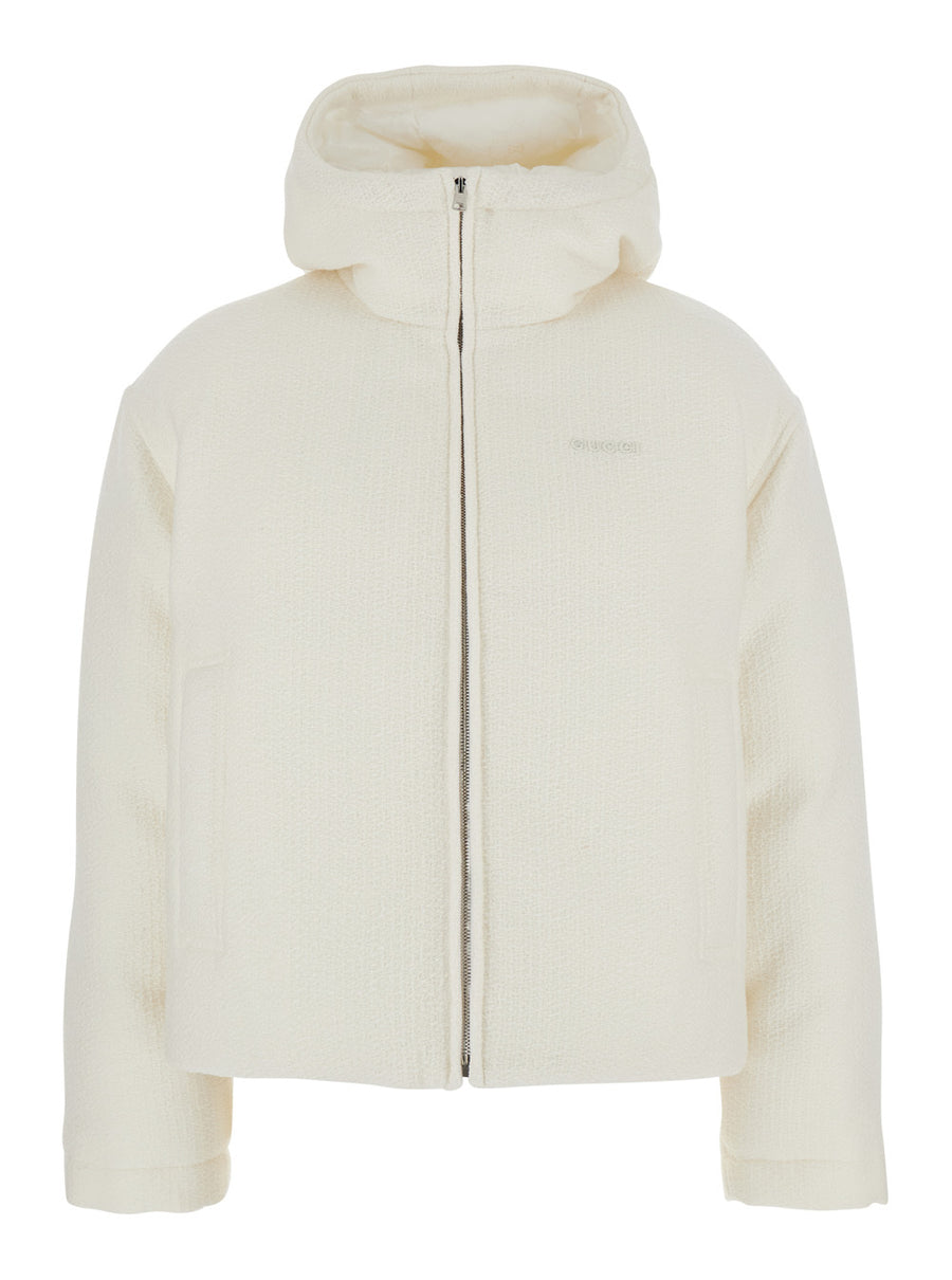 White Wool Bomber Jacket With Hood Coat