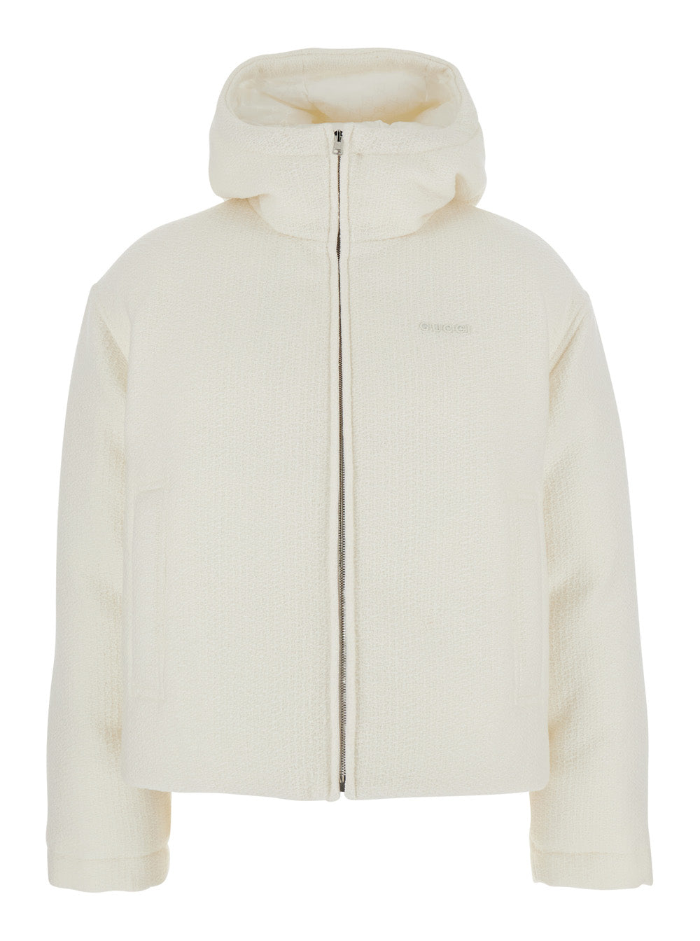 White Wool Bomber Jacket with Fixed Hood and Logo Lettering on the Front Outerwear