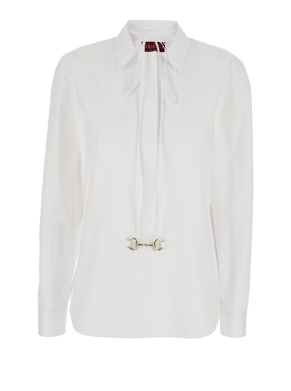 White Shirt with Pointed Collar Tie Detail and Horsebit in Cotton Woman Blouses