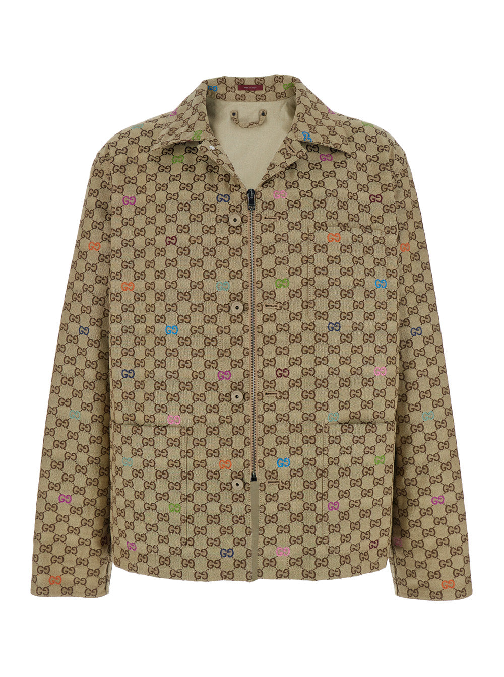 Beige Shirt With Spread Collar And Two Front Welt Pockets In Gg Canvas Man Fabric Blouses