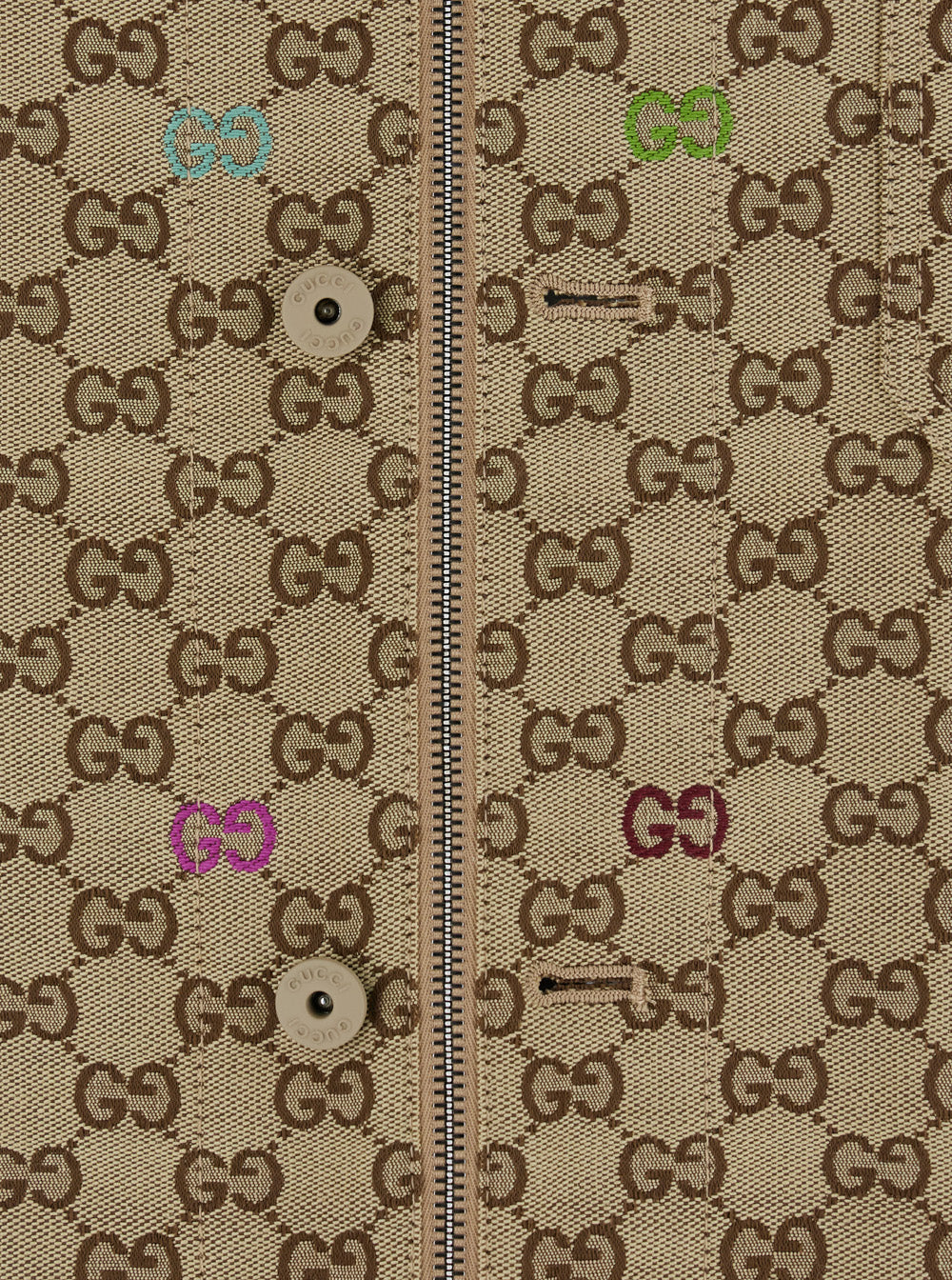 Beige Shirt With Spread Collar And Two Front Welt Pockets In Gg Canvas Man Fabric Blouses