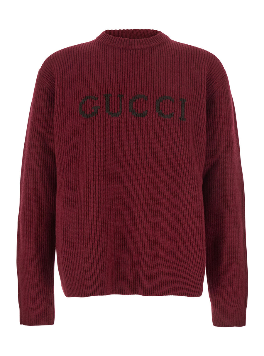 Bordeaux Crewneck Sweater With Logo Embroidery Wool Tops