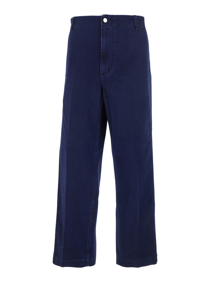 Blue Pants with One Patch Pocket on the Rear and Logo Lettering in Cotton Canvas Man Blu Trousers