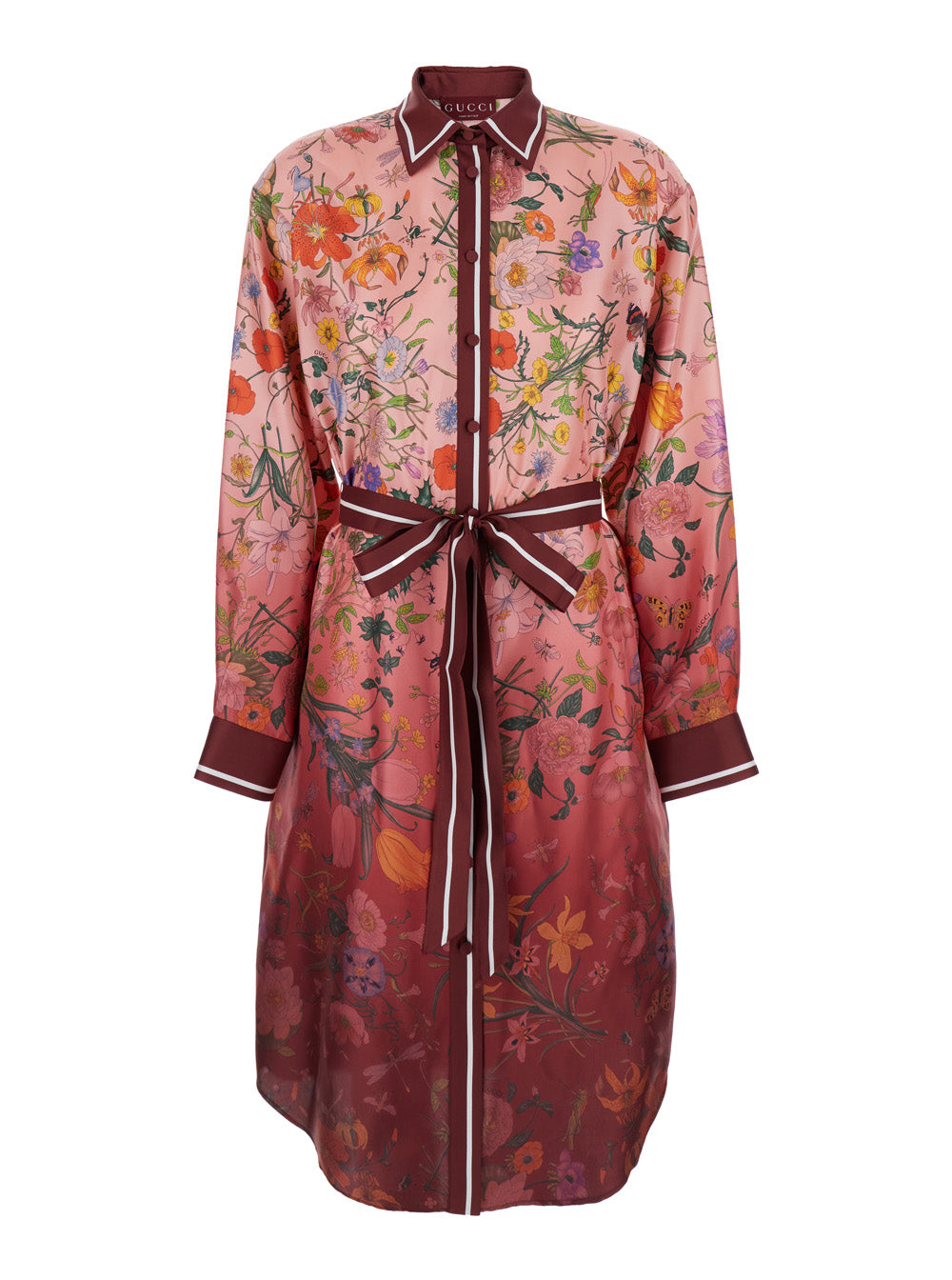 Bordeaux Gradient Dress With Removable Belt And All-Over Flora Print Silk Woman