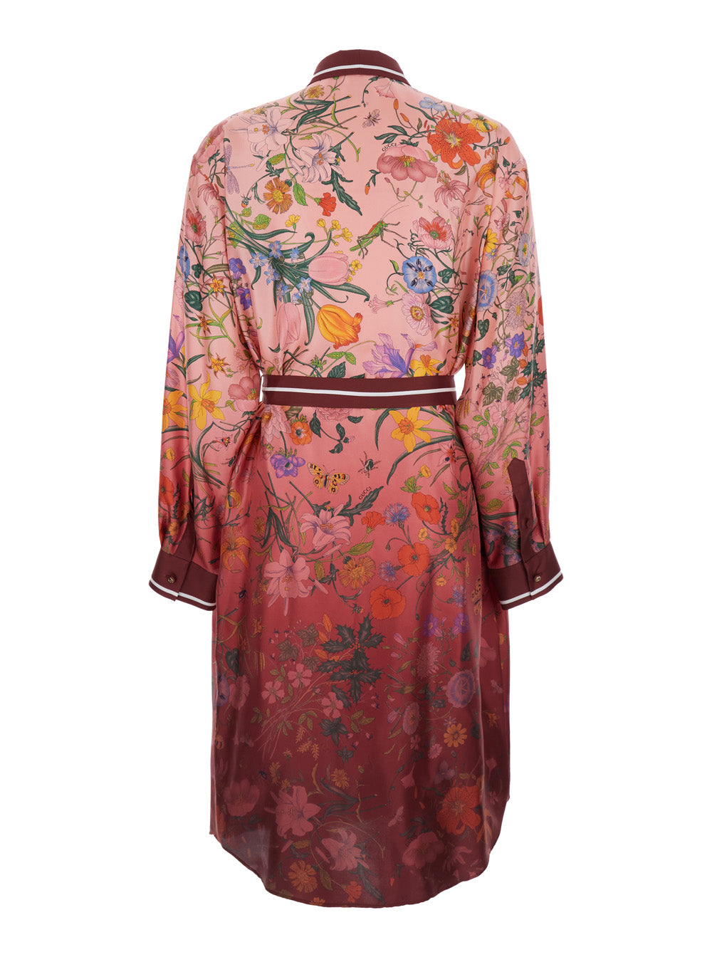 Bordeaux Gradient Dress With Removable Belt And All-Over Flora Print Silk Woman