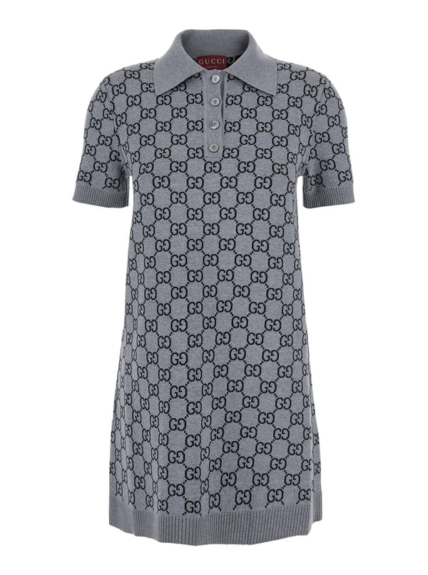 Grey Dress With Wide Collar And Gg Motif Wool
