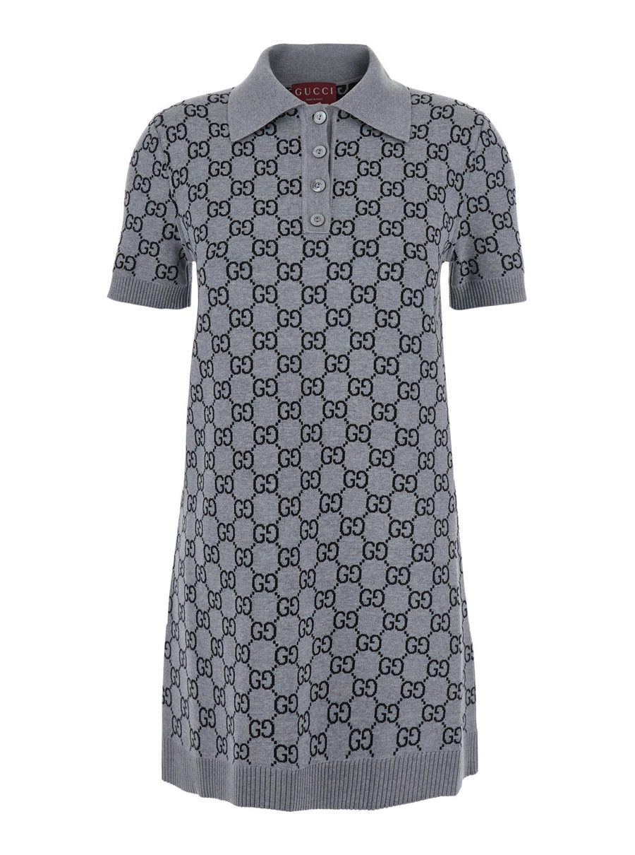 Grey Dress With Wide Collar And Gg Motif Wool