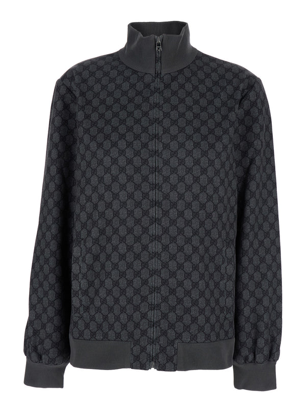 Grey High Neck Sweatshirt With Gg Print Fabric Sweatshirts