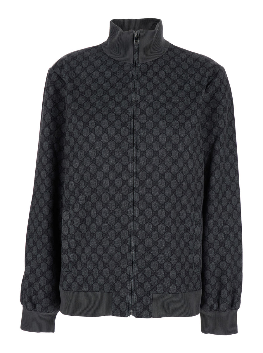 Grey High Neck Sweatshirt With Gg Print Fabric Sweatshirts