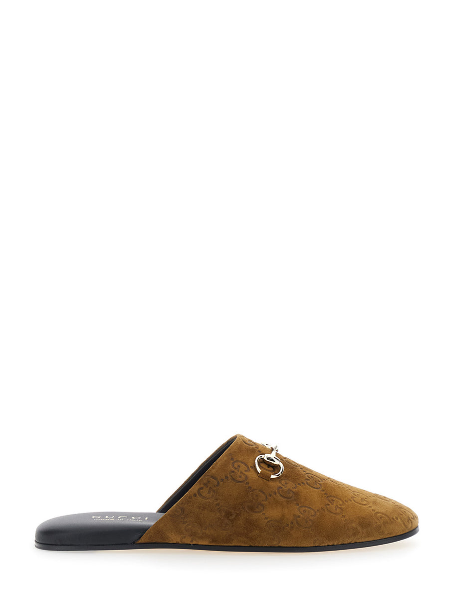 Brown Suede Mule With Gg Motif Calf