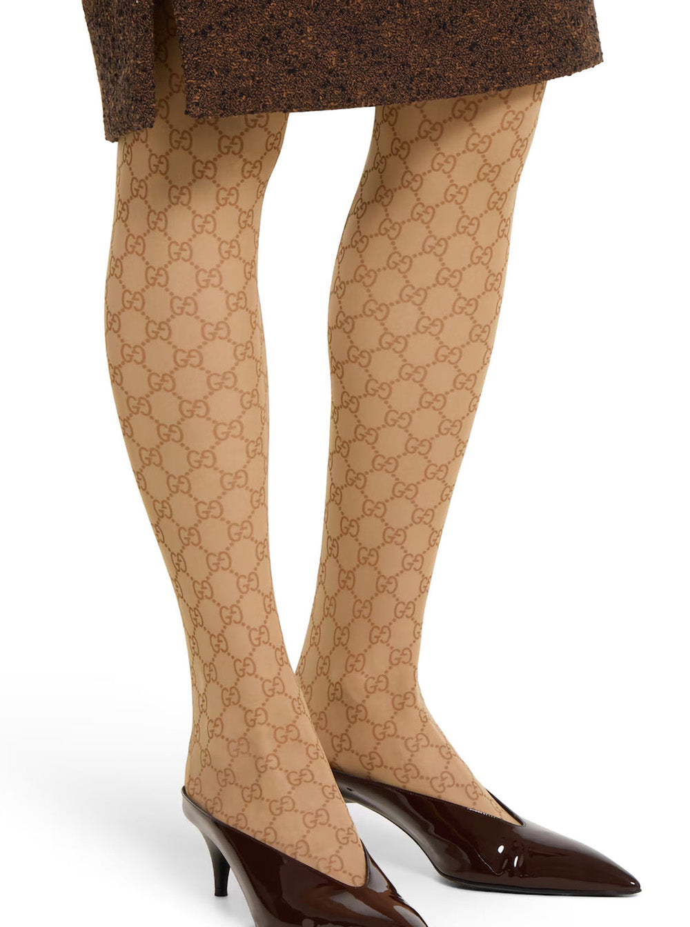 Beige Thights With All-Over Gg Motif Tech Fabric Stretch Woman Polyamide Elastane Underwear