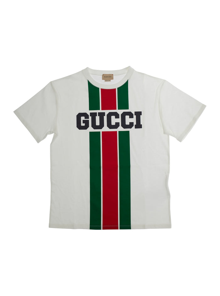 White T-Shirt With Logo Print And Web Detail Cotton Boy Fabric Tshirts Polo Shirts